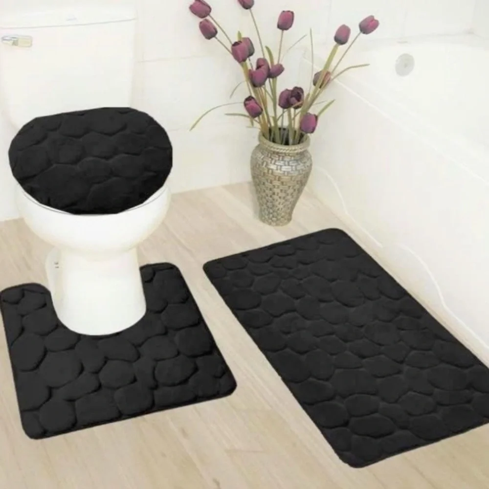 3 piece Bath Black Plain Not Cobblestone THIN Cushioned Bath Mat Set Final Sale